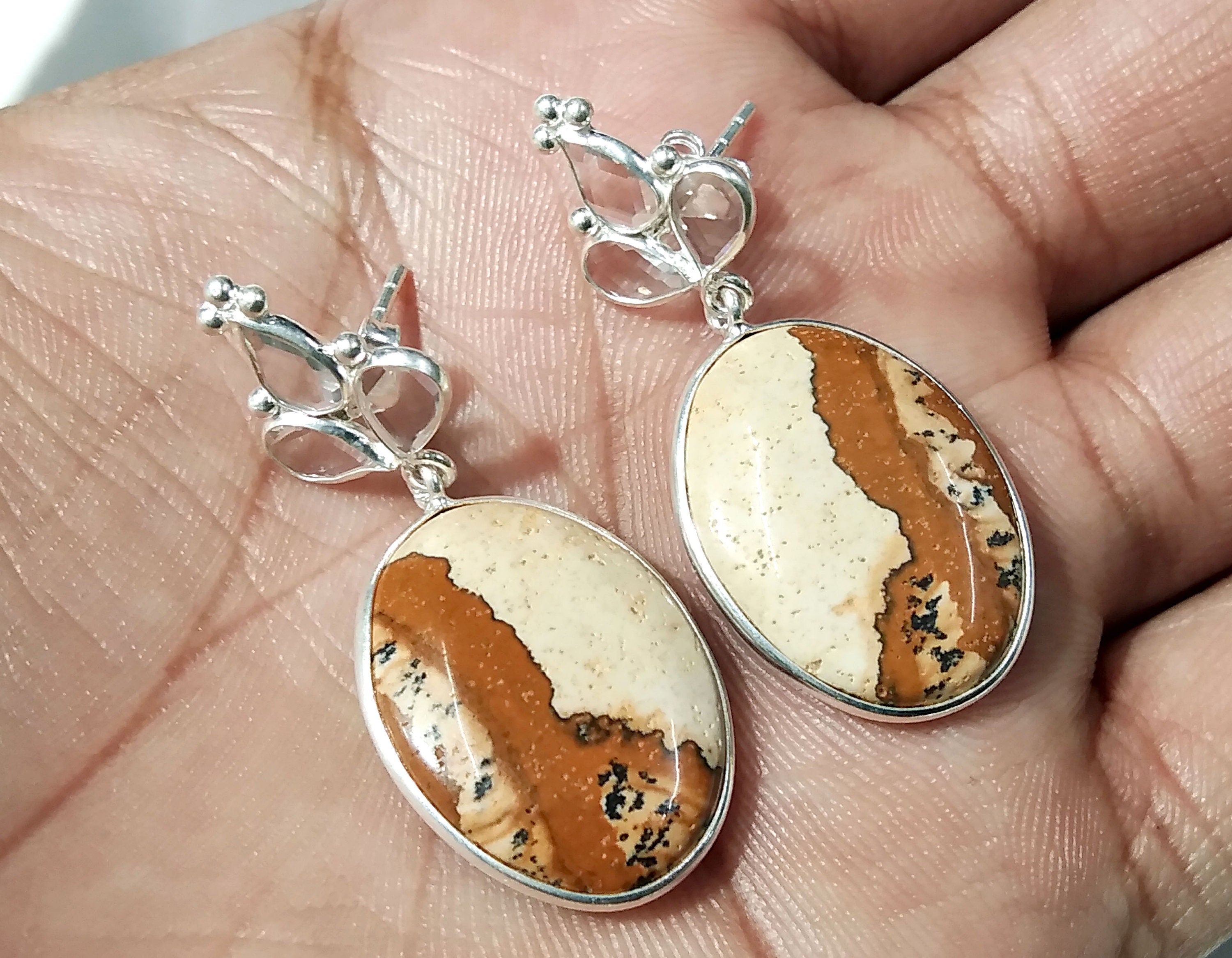 White Zircon & Picture Jasper Earrings, 925 Silver With Natural Gemstone Zircon Faceted And Picture Jasper Earring, For Girls/Women.